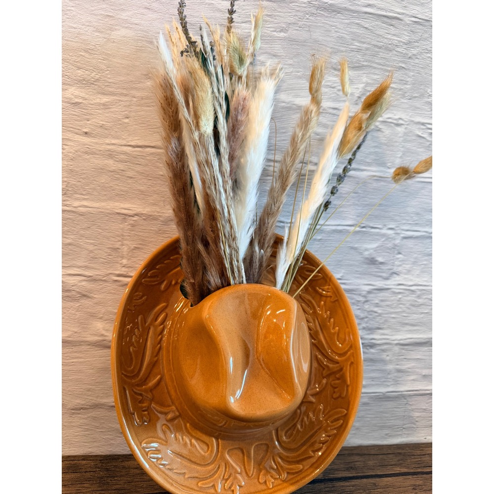Brown Ceramic Cowboy Hat Wall Pocket Vase Western Home Decor Glossy 9 Inch